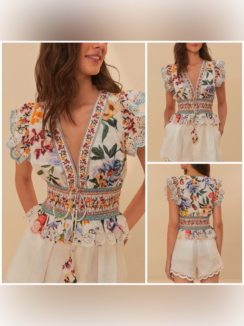 FARM Rio Greek Garden Smocked Blouse - Off-White - Small - $210 MSRP
